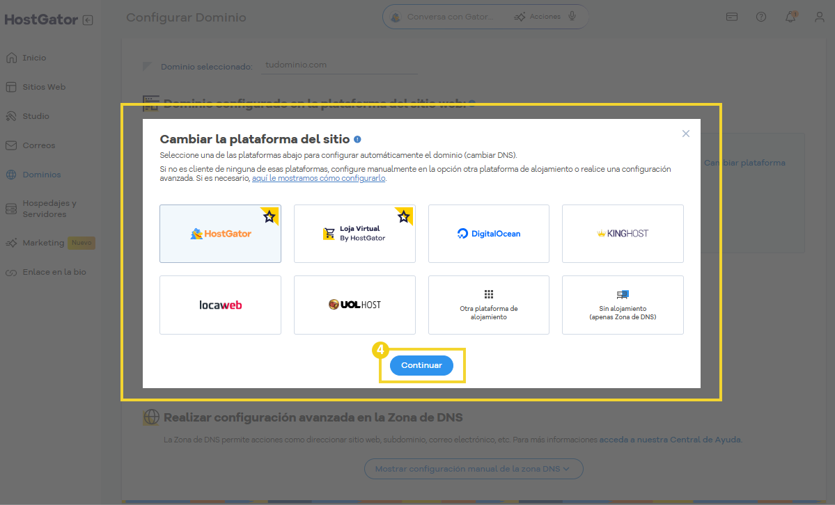 Imagen mostrando la pantalla de cambio de plataforma de hospedaje de sitio del Portal del Cliente con opciones como HostGator, Tienda Virtual, DigitalOcean, KINGHOST, locaweb, UOL HOST, Tienda Integrada, nuvemshop y opciones de configuración avanzada. 
