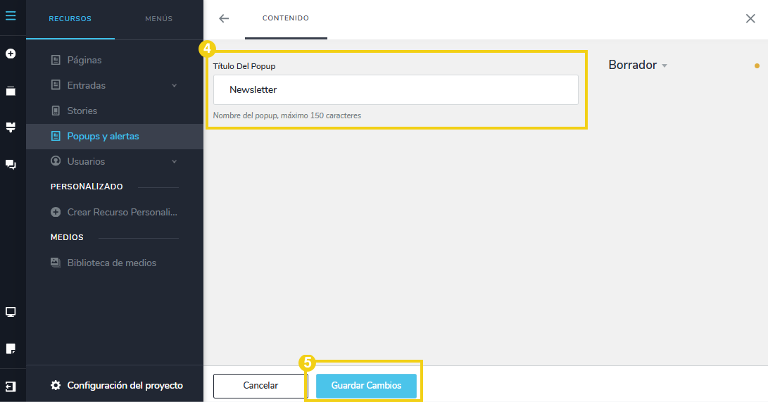 La imagen muestra la pantalla del editor del Creador de sitios con IA, destacando el acceso para agregar un título y guardar