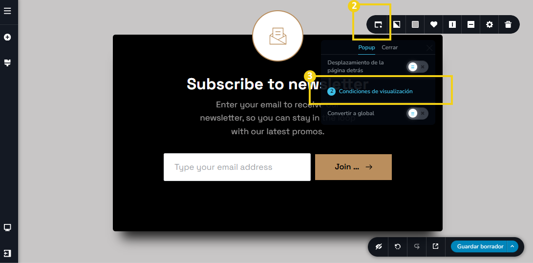 La imagen muestra la pantalla del editor del Creador de sitios con IA, destacando el menú de herramientas y el acceso para la configuración