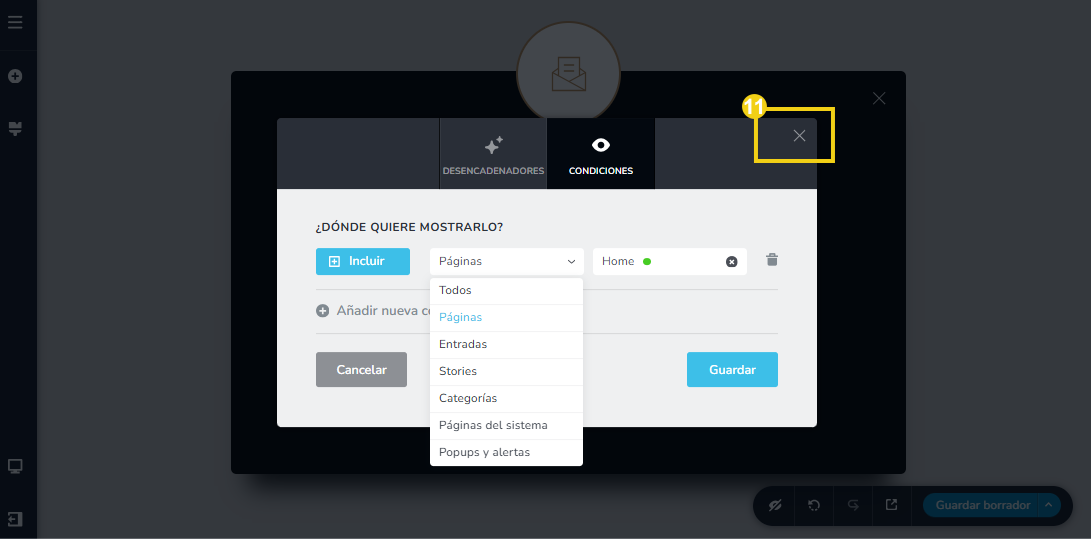 Imagen muestra la pantalla del editor del Creador de sitios con IA, destacando el botón para cerrar la ventana de configuración
