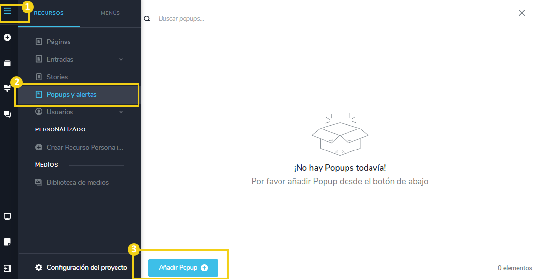 La imagen muestra la pantalla del editor del Creador de sitios con IA, destacando el acceso para agregar un nuevo pop-up