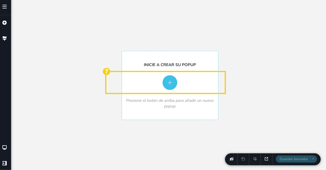 La imagen muestra la pantalla del editor del Creador de sitios con IA, destacando el botón para comenzar a crear el pop-up