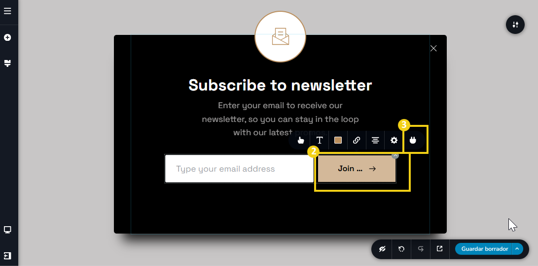 Imagen muestra la pantalla del editor del Creador de sitios con IA, destacando el acceso para configurar la recolección de los correos electrónicos registrados