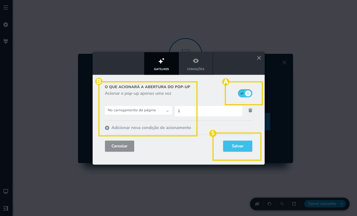 Imagen muestra la pantalla del editor del Creador de sitios con IA, destacando las configuraciones para los disparadores de visualización del pop-up
