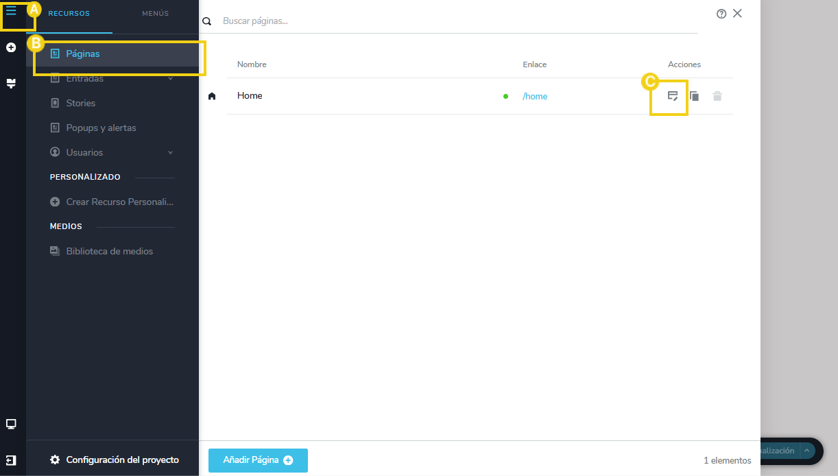 Imagen muestra la pantalla del editor del Creador de sitios con IA, destacando el flujo para acceder a la página principal del sitio