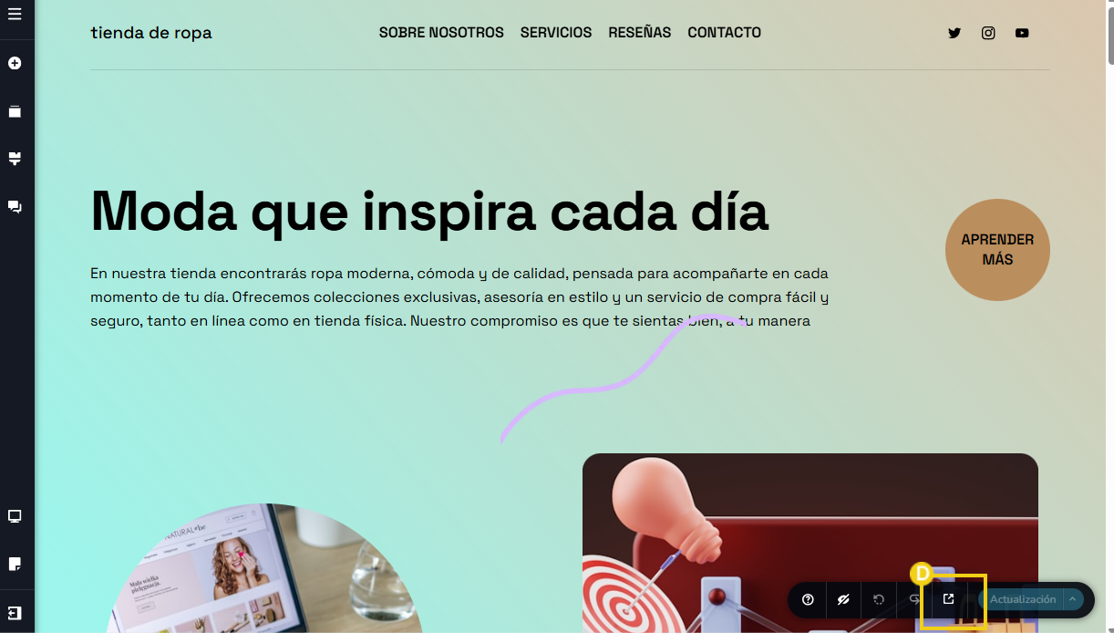 Imagen muestra la pantalla del editor del Creador de sitios con IA, destacando el botón previsualización