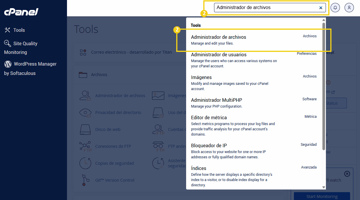 La imagen muestra el campo de búsqueda del cPanel con el texto resaltado escrito "Administrador de archivos". 