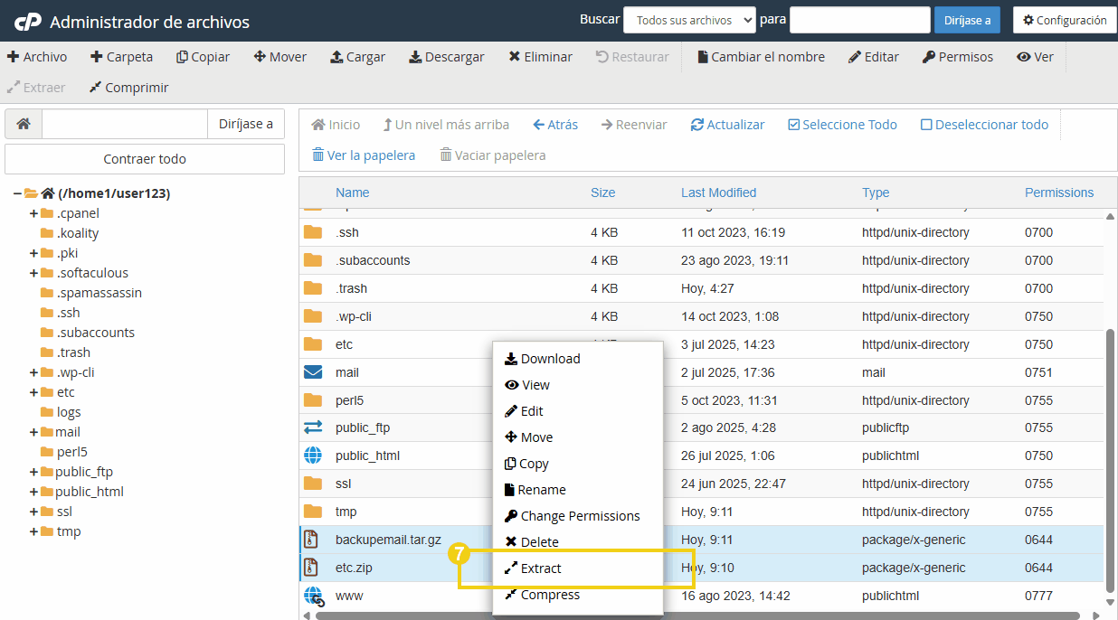 La imagen muestra el administrador de archivos de cPanel con la opción de extracción resaltada.