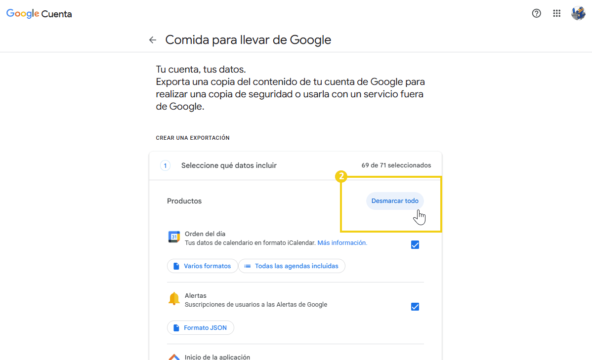 Pantalla de configuración de Google Takeout que muestra la opción para anular la selección de todos los productos para la exportación de copias de seguridad por correo electrónico