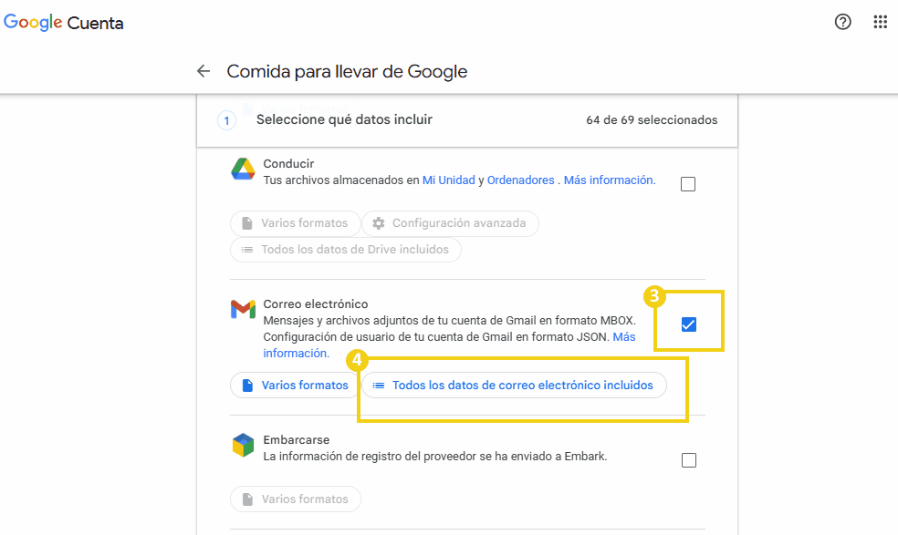 Imagen de la configuración de datos de correo electrónico en la plataforma de Google, resaltando la selección para incluir todos los datos de correo electrónico para la copia de seguridad.