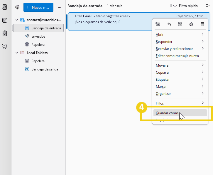 Imagen que muestra la opción 'Guardar como...' en el menú contextual de correo electrónico de Thunderbird, centrándose en la funcionalidad de guardar mensajes de correo electrónico externamente.
