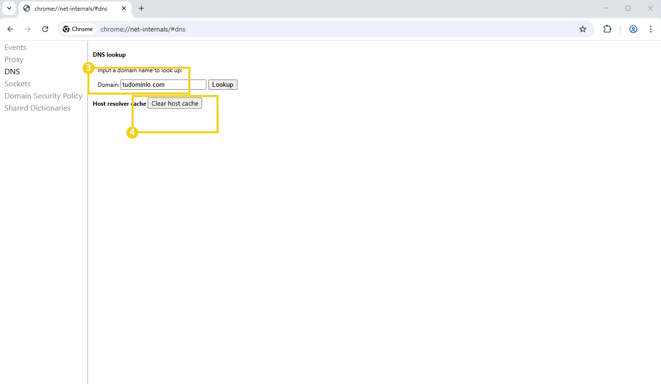 Imagen que muestra la herramienta de configuración de DNS en el navegador Chrome, incluyendo opciones como 'poner un nombre de dominio para buscar' y 'Borrar caché de host', resaltando el campo donde se ingresa el dominio y el botón de borrar caché