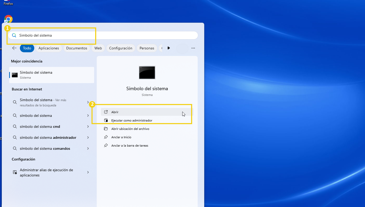 La imagen muestra el menú del Símbolo del sistema de Windows abierto con opciones de ejecución como abrir y ejecutar como administrador, resaltando el procedimiento para abrir el símbolo del sistema con privilegios elevados.