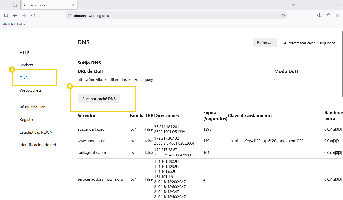 Imagen de una pantalla de configuración de DNS en el navegador, resaltando la opción de borrar la caché de DNS para optimizar la conexión a Internet