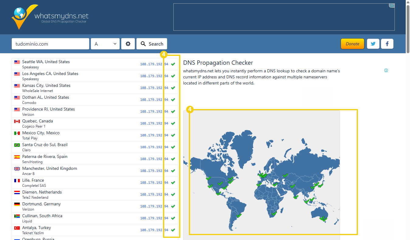 Imagen de un sitio web de verificación y propagación de DNS, que muestra un mapa mundial, una lista de direcciones IP e información de servidores de diferentes países.