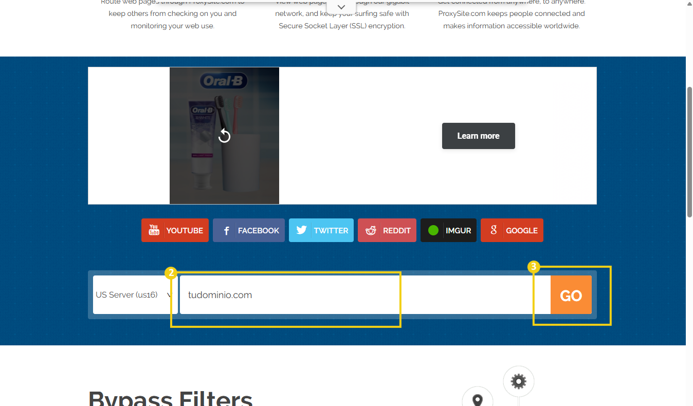 Imagen de una página de servicio proxy con opciones para compartir en redes sociales y un campo para ingresar al servidor, promoviendo una navegación segura en Internet.