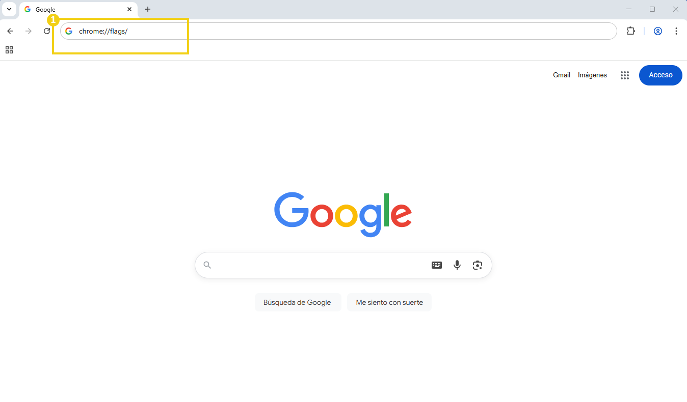 Captura de pantalla de Google Chrome que muestra la página de configuración de banderas (chrome://flags) en la pestaña del navegador, utilizada para habilitar funciones experimentales en el navegador.
