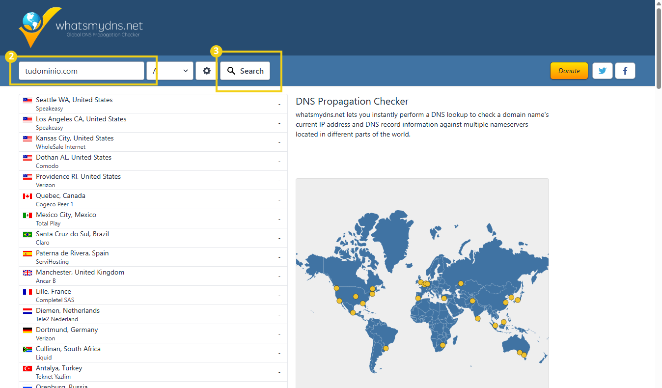 Imagen de una herramienta de verificación de DNS en línea con un mapa mundial y una lista de direcciones IP, resaltando la funcionalidad de verificación de registros DNS.
