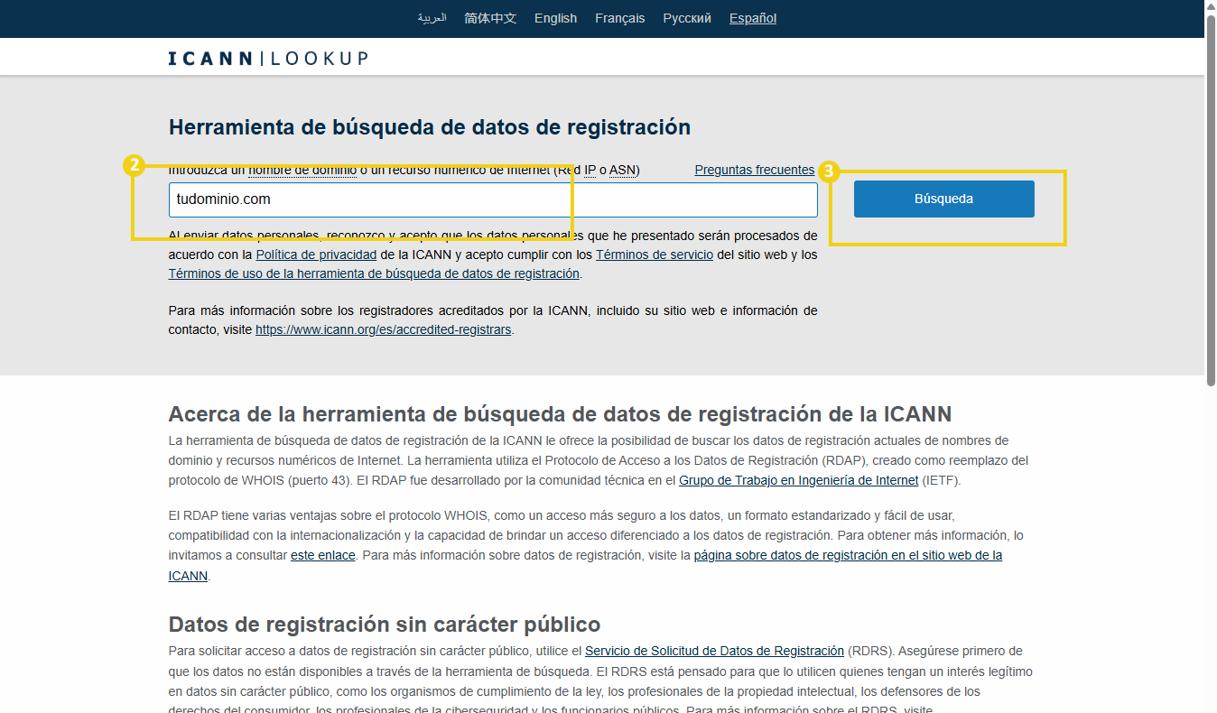 Imagen de la pantalla de consulta de registro de dominio en el sitio web de la ICANN. La página muestra el campo de búsqueda para consultar la información del dominio, incluyendo un cuadro de entrada para introducir el nombre de dominio o la dirección IP (IP o ASN).