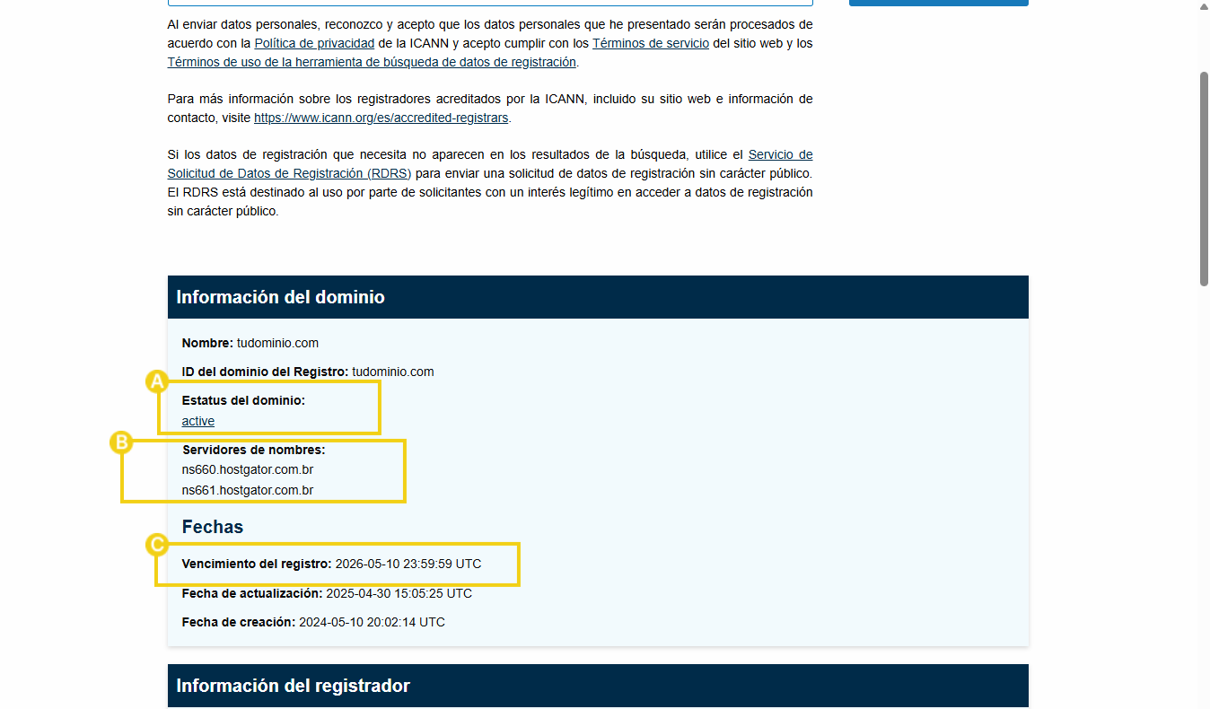Consulta de dominio registrado para yourdomain.com.br, mostrando estado activo, servidores de nombres, vencimiento en 2020 y actualización en 2019.