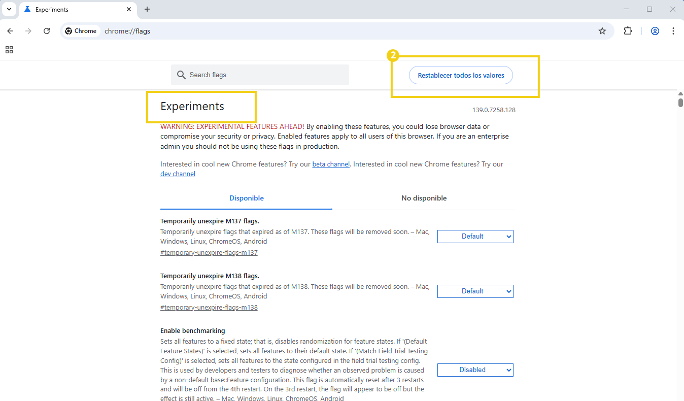 Imagen de la página de configuración experimental del navegador Chrome, que muestra opciones como experimentar y habilitar marcadores, resaltando las opciones "Experimentos" y "Restablecer todo".