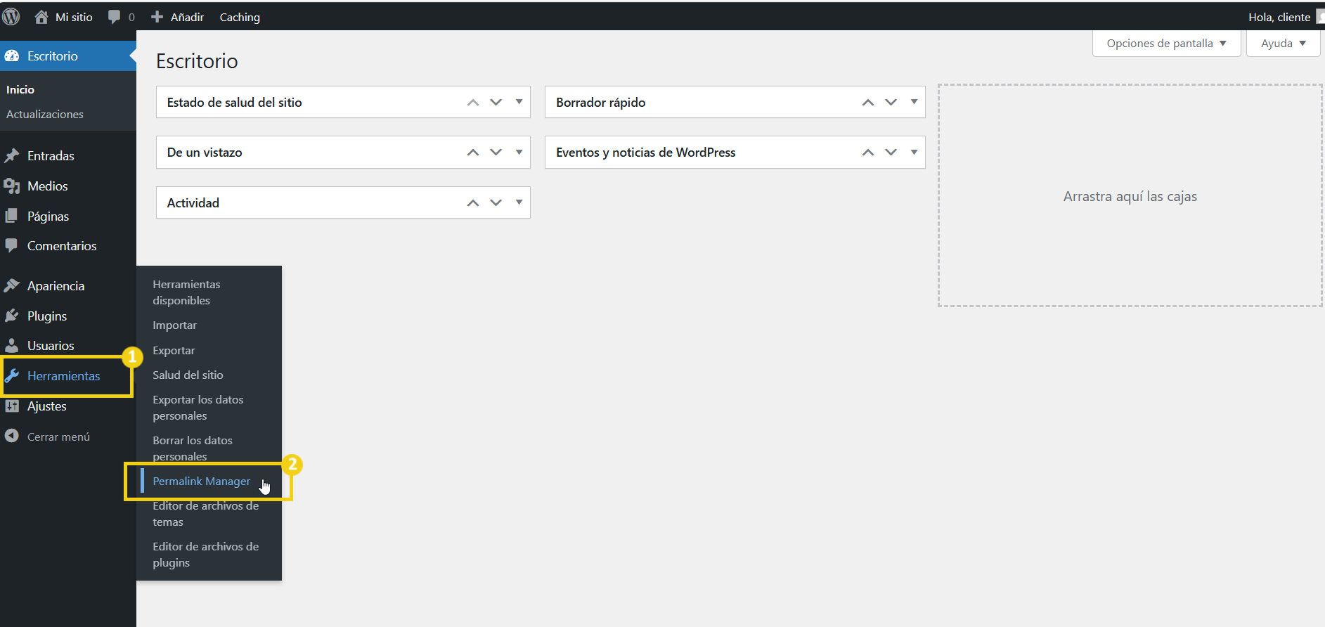 La imagen muestra la pantalla del panel del editor de WordPress, con la marca de verificación en el elemento "Herramientas" y luego en "Permalink Manager Lite".
