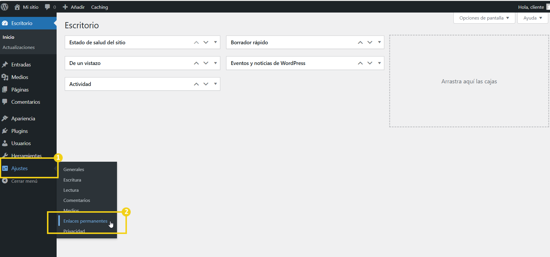 La imagen muestra la pantalla del panel del editor de WordPress, con una marca en el menú lateral en "Configuración" y luego en "Enlaces permanentes".