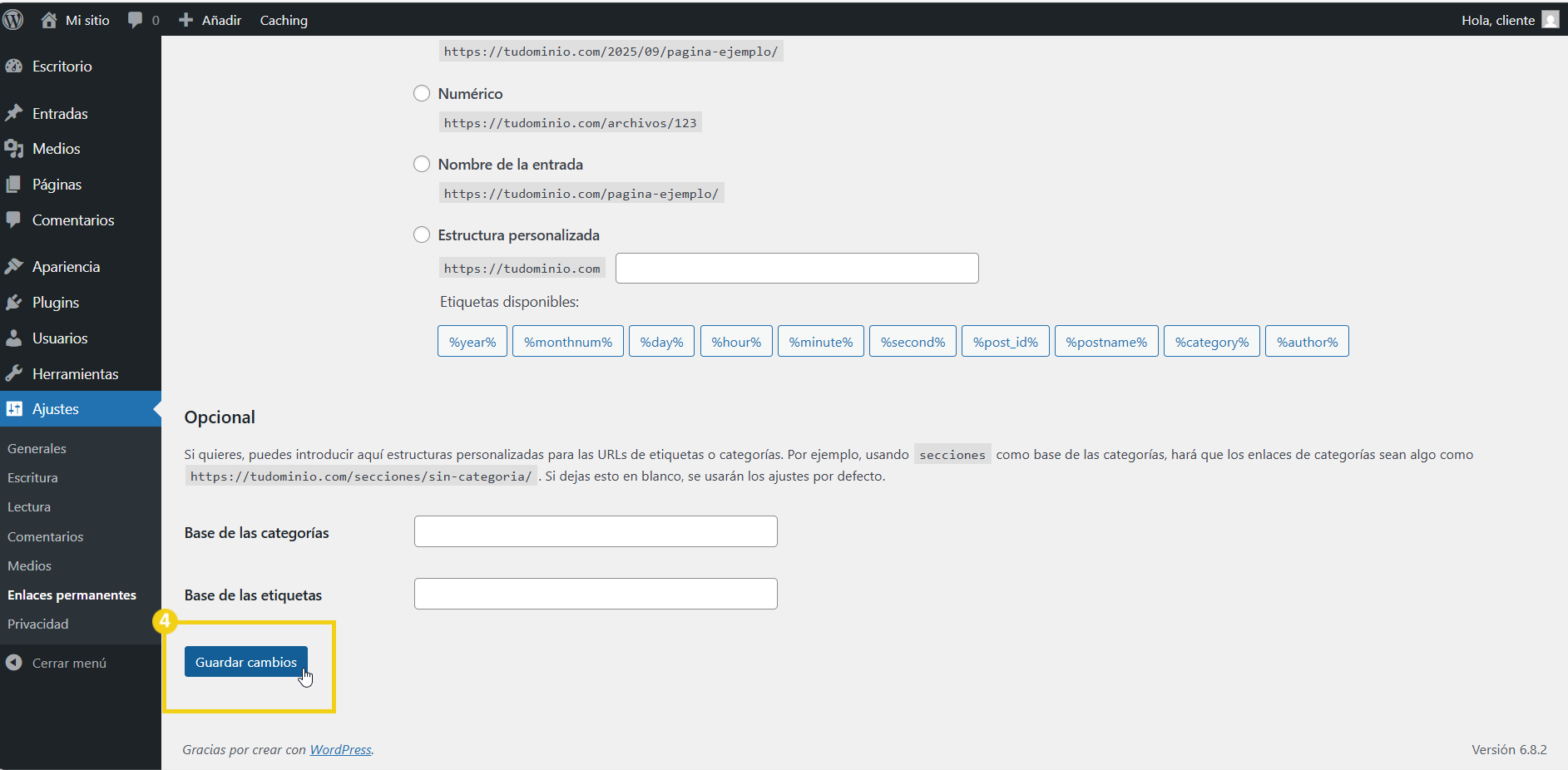 La imagen muestra la pantalla del panel del editor de WordPress, con el botón guardar cambios marcado.