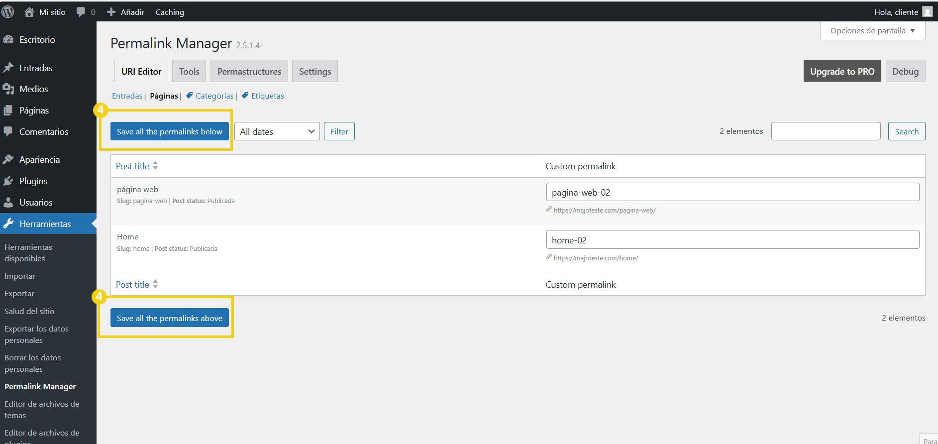 La imagen muestra la pantalla del panel del editor de WordPress, con las opciones "guardar todos los enlaces permanentes a continuación" y "guardar todos los enlaces permanentes arriba" marcadas.
