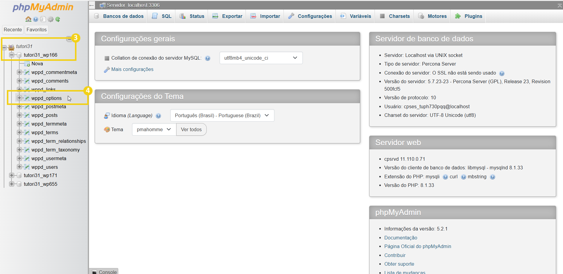 La imagen muestra la pantalla del panel phpMyAdmin