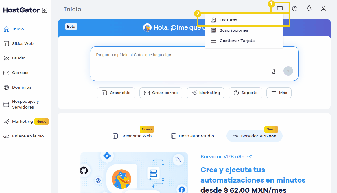 Pantalla del portal del cliente de HostGator que muestra las opciones de gestión de facturas desde el menú superior.