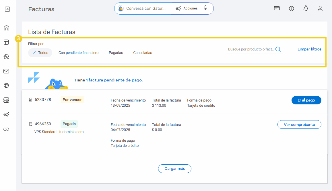 Pantalla de gestión de facturas, que muestra una lista de facturas pendientes y pagadas, con opciones de pago y visualización de recibos.