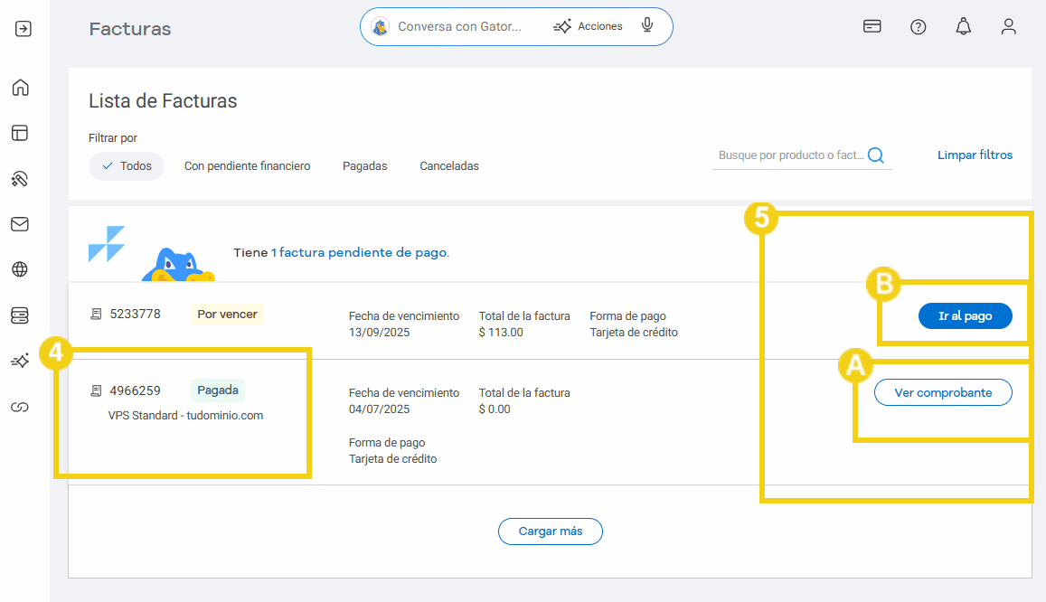 Pantalla de gestión de facturas del Portal del Cliente, mostrando un listado de facturas pendientes y pagadas, con opciones de pago y visualización de recibos, facturas, pagos.