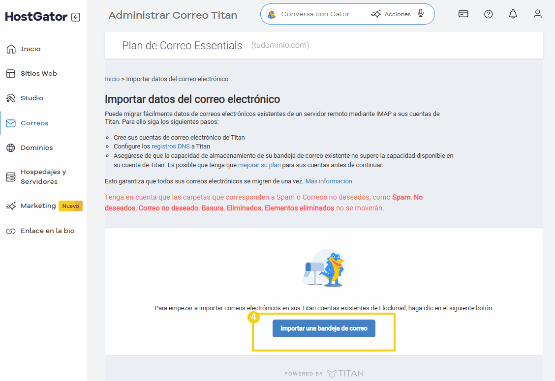 Imagen de la interfaz del panel de control de HostGator que muestra la opción de importar un buzón de correo electrónico a Titan, una herramienta de gestión de correo electrónico.