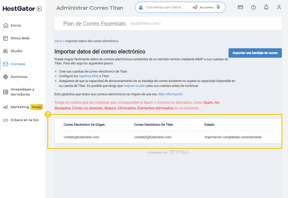 Imagen de una pantalla de administración de correo electrónico en el panel de HostGator, que muestra opciones para importar datos de correo electrónico desde Titan.