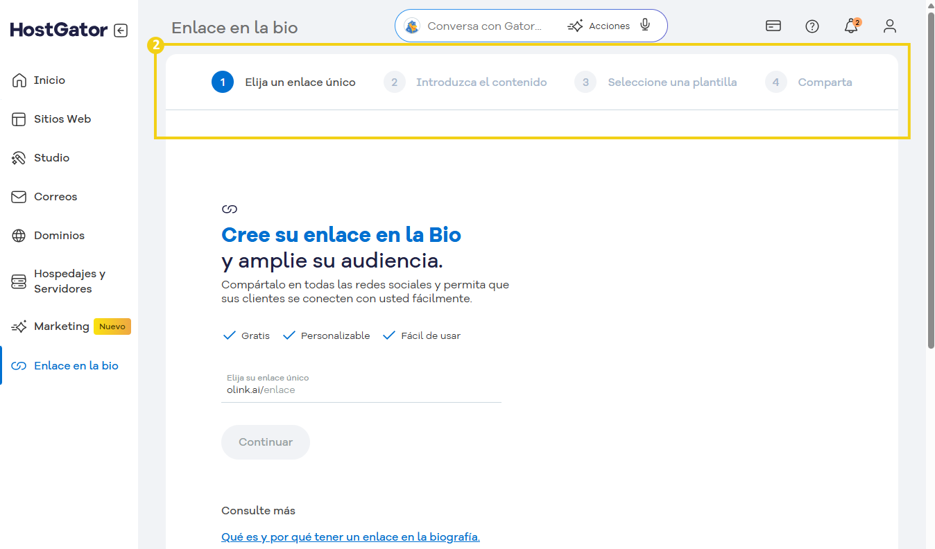  146 / 5.000 Captura de pantalla del panel de HostGator que muestra cómo crear un enlace de biografía para expandir su audiencia en las redes sociales, con los pasos de configuración visibles.