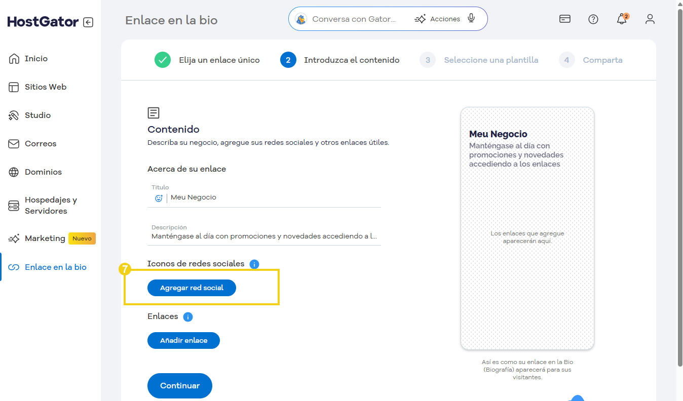 Pantalla de creación de enlaces biológicos en la plataforma HostGator, que muestra opciones para agregar enlaces e íconos de redes sociales.
