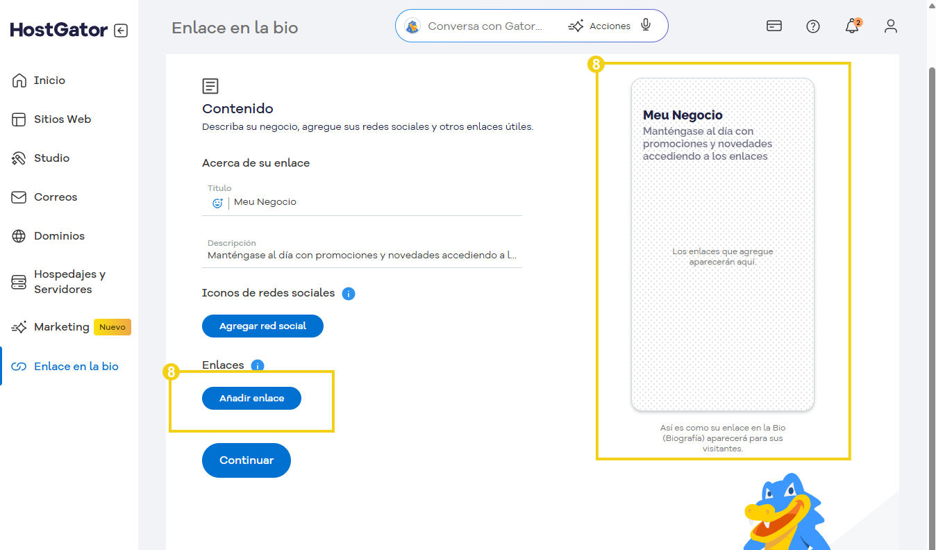 Captura de pantalla del panel de administración de enlaces en la plataforma HostGator, que muestra opciones para agregar enlaces y configurar su perfil comercial en línea.