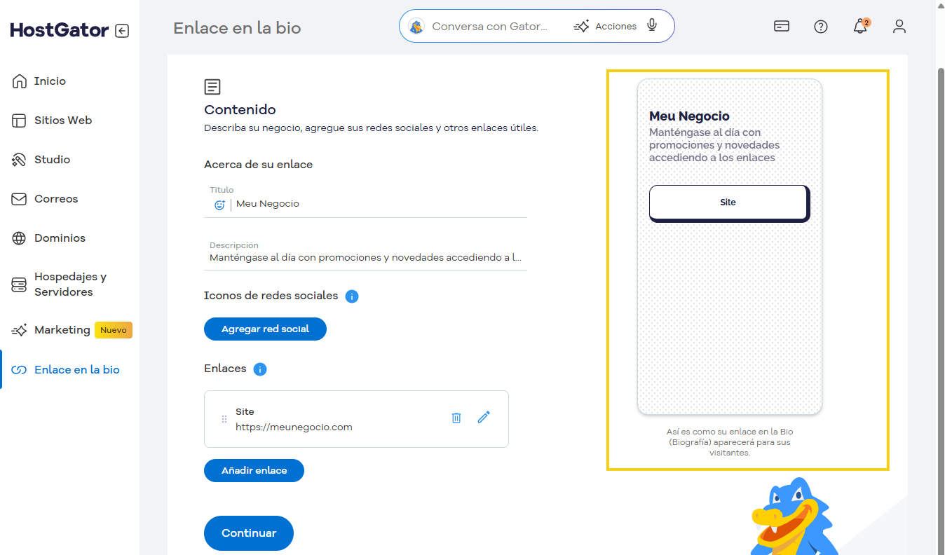 Interfaz de creación y gestión de enlaces biológicos en la plataforma HostGator, que muestra opciones de personalización e integración de redes sociales.