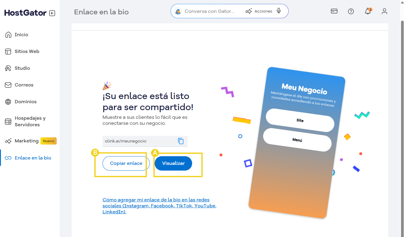Una captura de pantalla del panel de administración de HostGator Link in Bio, que muestra opciones para copiar y ver el enlace, resaltando la funcionalidad de compartir el enlace de una manera práctica para las empresas.