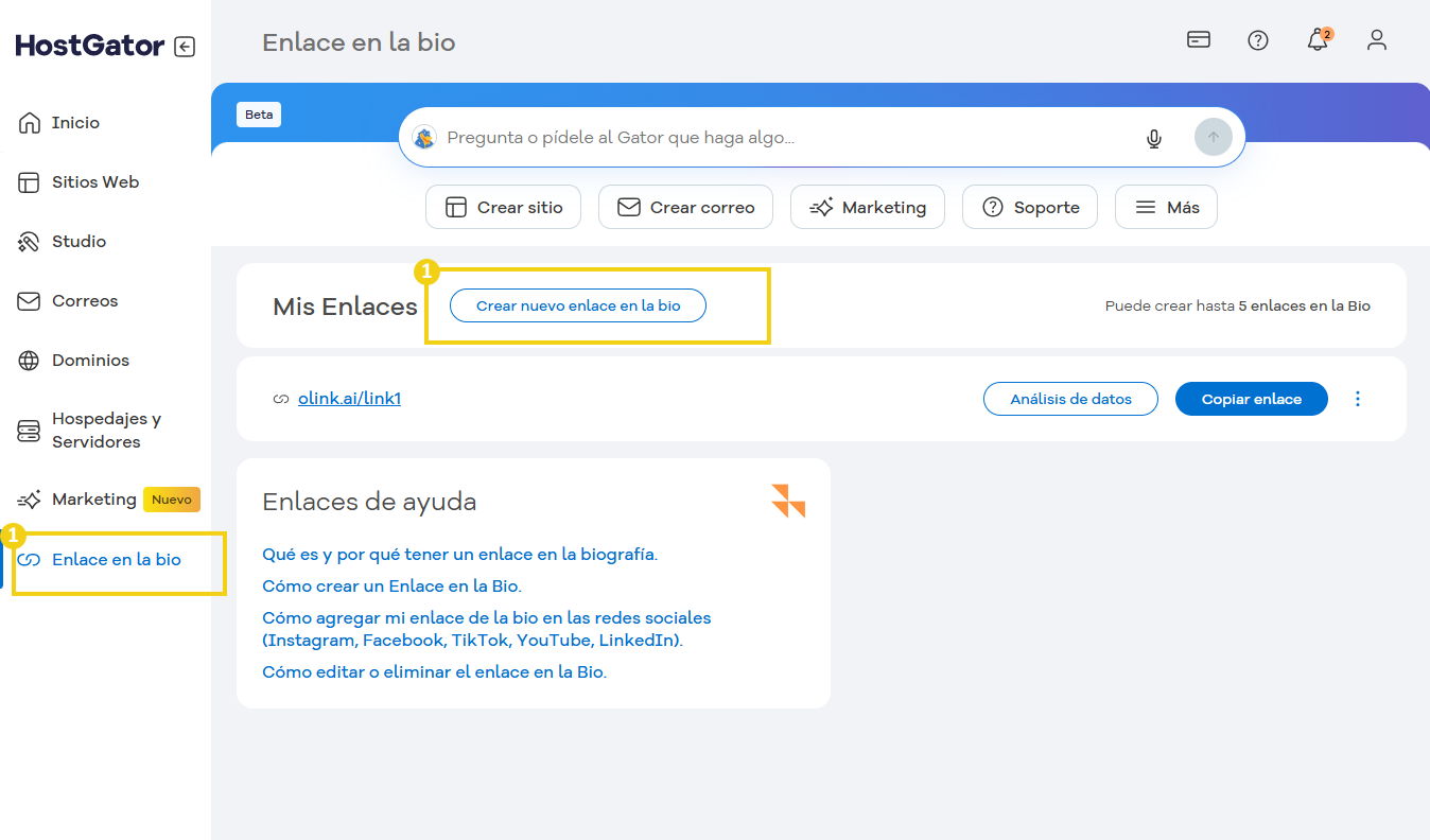 Configuración de enlace de biografía en el panel de HostGator que muestra la opción de crear un nuevo enlace de biografía para perfiles sociales o sitios web.