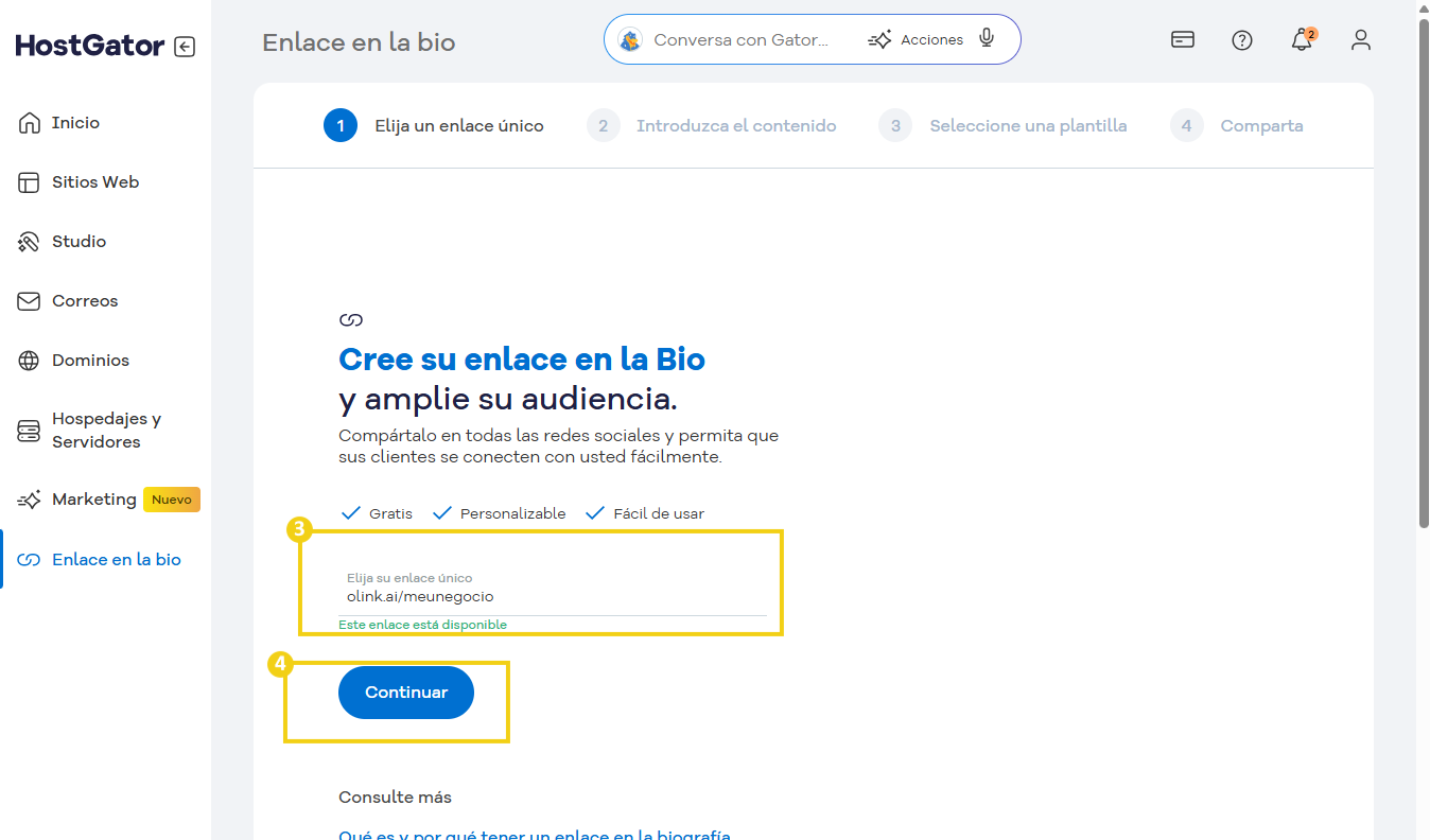 Captura de pantalla del panel de HostGator que muestra instrucciones paso a paso para crear su enlace en la biografía y expandir su audiencia online