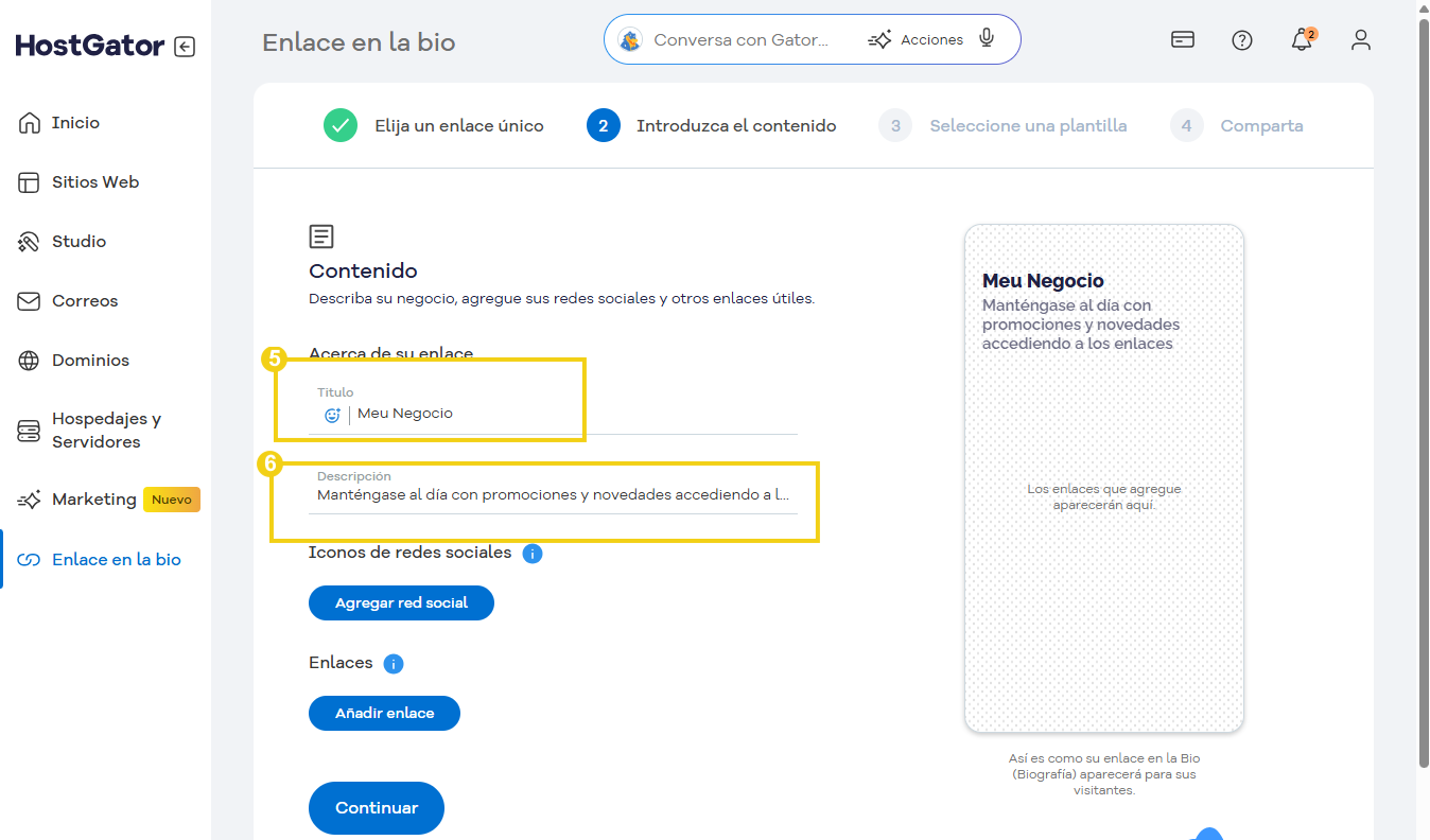 Captura de pantalla del panel de HostGator que muestra cómo crear un enlace de biografía con título y descripción para promocionar un negocio en línea.