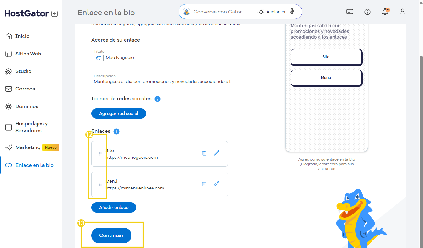 Imagen del panel de HostGator en la sección Enlace en biografía, que muestra opciones para agregar enlaces comerciales y enlaces de redes sociales, incluido el botón "Continuar" resaltado de manera destacada.