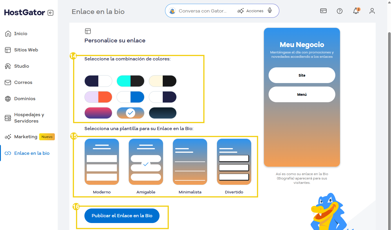 Imagen de una interfaz de HostGator que muestra opciones de color, plantillas y el botón para publicar un enlace en la biografía, ideal para quienes desean optimizar su perfil en línea