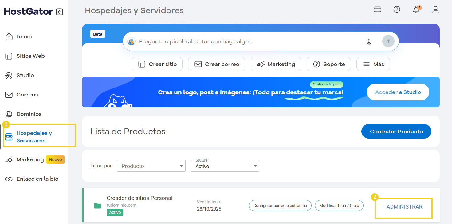 La imagen muestra el botón Administrar Creador de sitios en una interfaz de gestión de hospedaje.