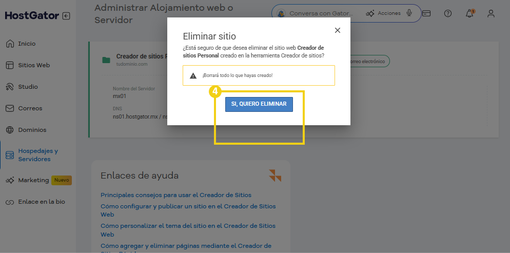 La imagen muestra el botón de acción 'Sí, quiero eliminar' en un pop-up modal.