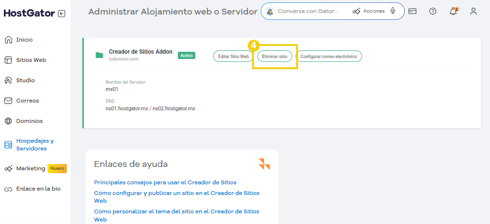 La imagen muestra la gestión de hospedaje, destacando el botón Eliminar Sitio.