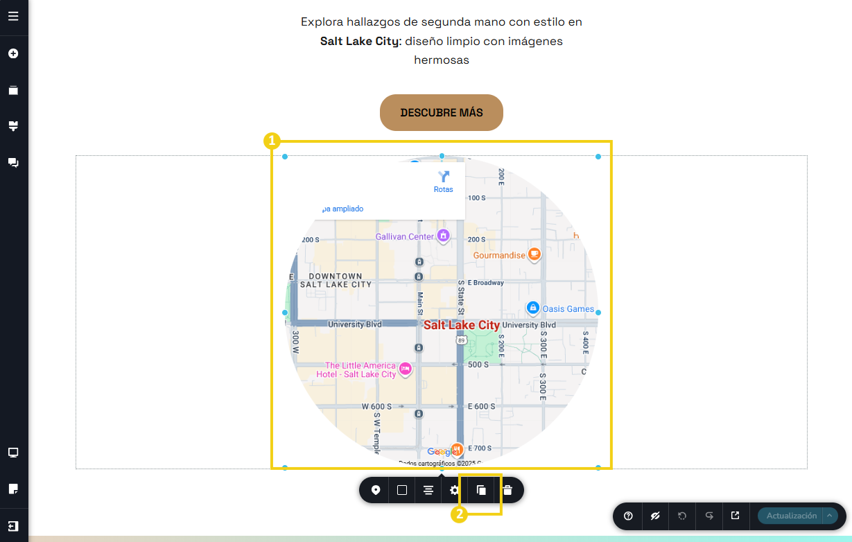 La imagen muestra la pantalla del editor del Nuevo Creador de sitios con la marcación en el mapa y en el menú de herramientas, en el ícono de duplicar