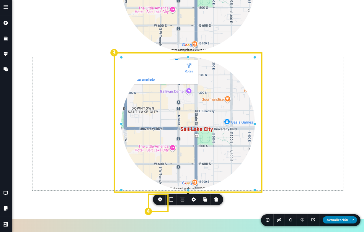 La imagen muestra la pantalla del editor del Nuevo Creador de sitios con la marcación en el mapa y en el menú de herramientas, en el ícono de mapa